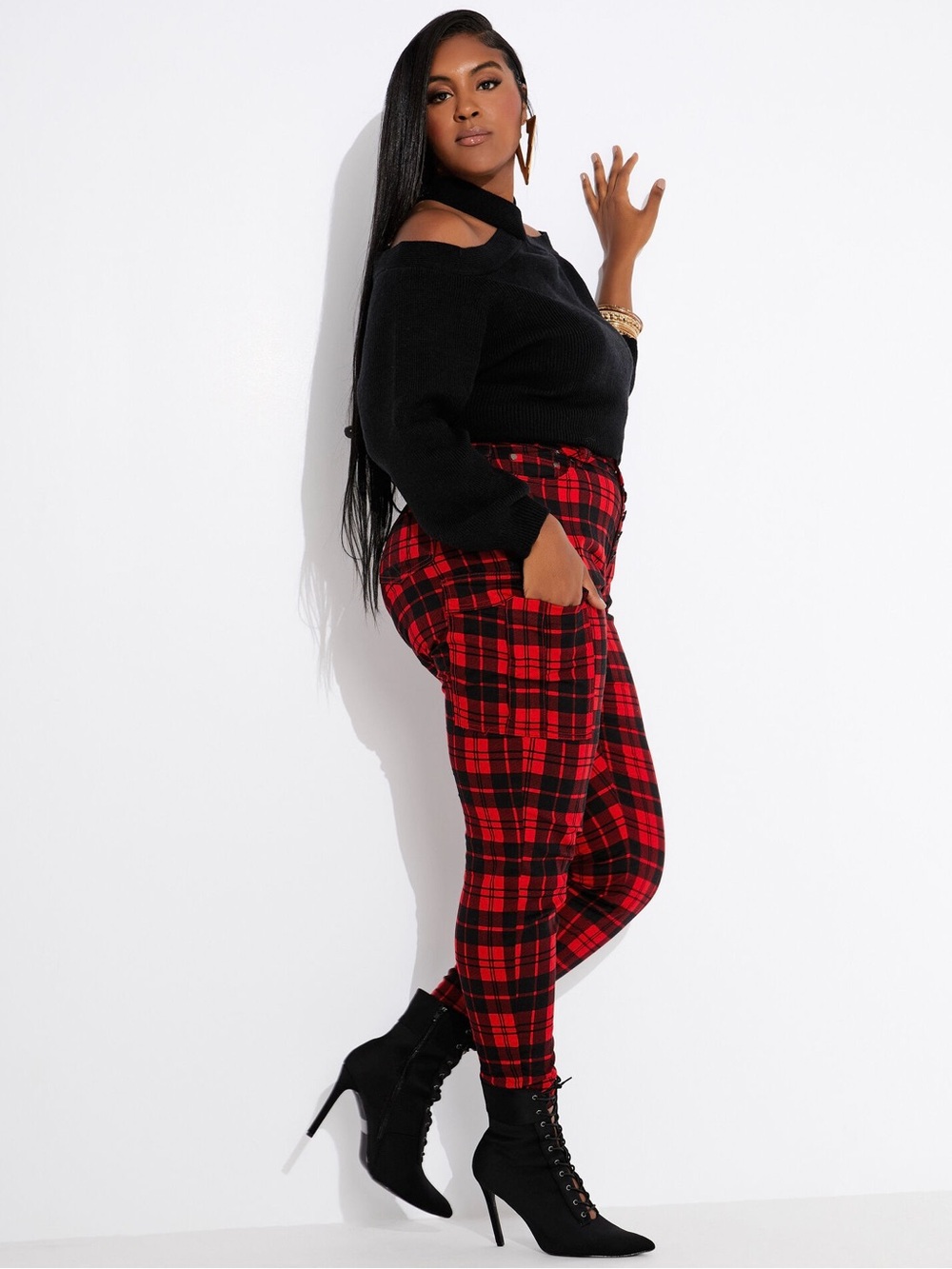 Ashley Stewart The Kennedy Red Plaid Button Fly Skinny Cargo Pants NWT